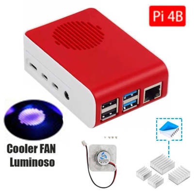 Case + Dissipadores e Cooler Luminoso p/ Raspberry Pi 4 B