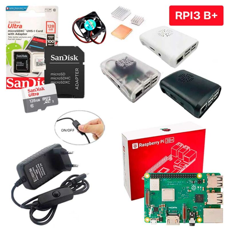 Kit Raspberry Pi 3 Model B+(Plus) c/ Case, Fonte, Cooler, Dissipadores + 128GB