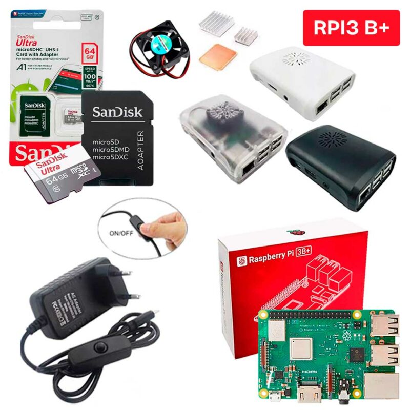 Kit Raspberry Pi 3 Model B+(Plus) c/ Case, Fonte, Cooler, Dissipadores + 64GB