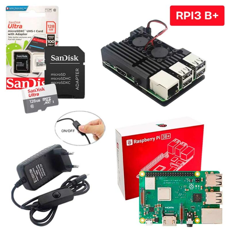 Kit Raspberry Pi 3 Model B+(Plus) c/ Case, Fonte, Cooler, Dissipadores + 128GB