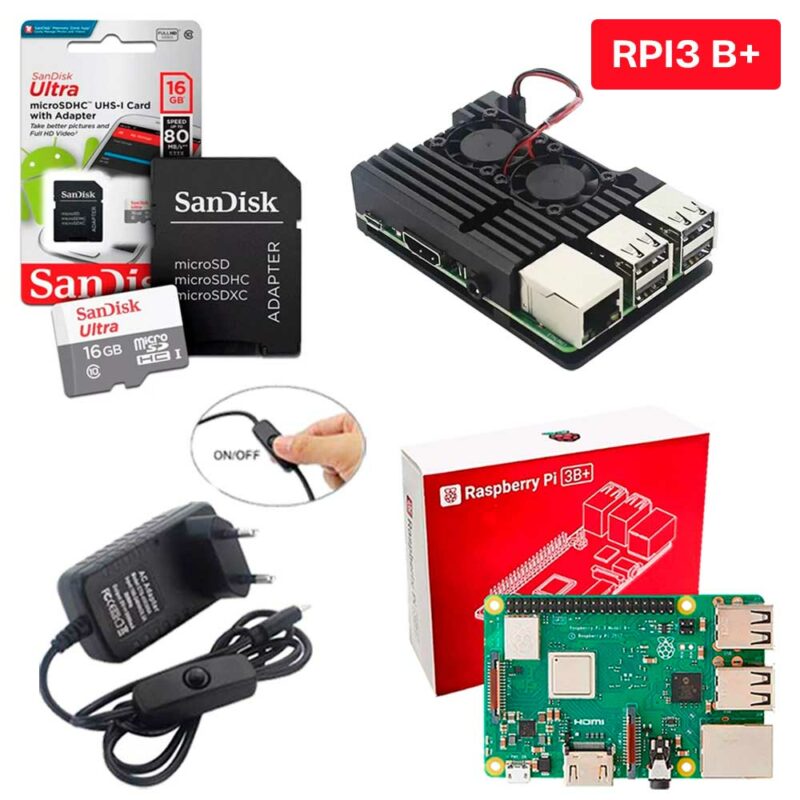 Kit Raspberry Pi 3 Model B+(Plus) c/ Case, Fonte, Cooler, Dissipadores + 16GB