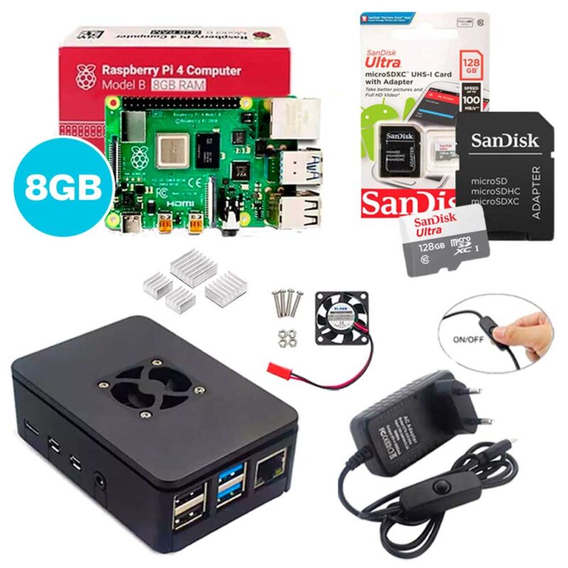 Kit Raspberry Pi 4 8GB c/ Case, Cooler, Fonte, Dissipadores + 128GB