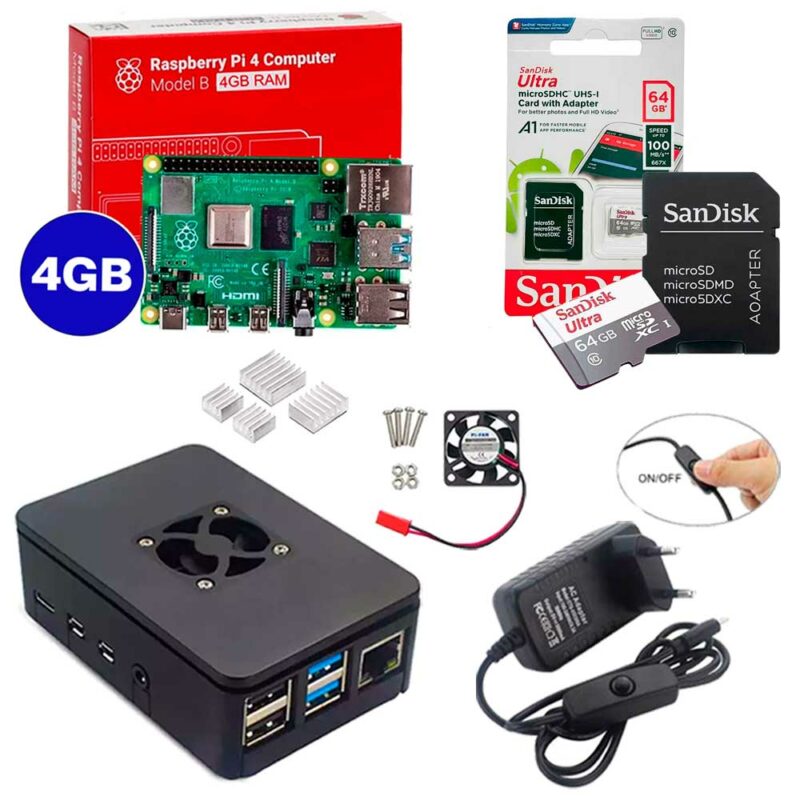 Kit Raspberry Pi 4 8GB c/ Case, Cooler, Fonte, Dissipadores + 64GB