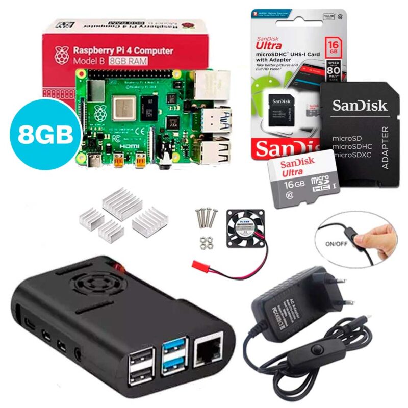 Kit Raspberry Pi 4 8GB c/ Case, Cooler, Fonte, Dissipadores + 16GB