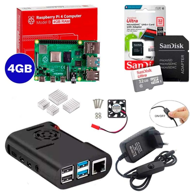 Kit Raspberry Pi 4 8GB c/ Case, Cooler, Fonte, Dissipadores + 32GB