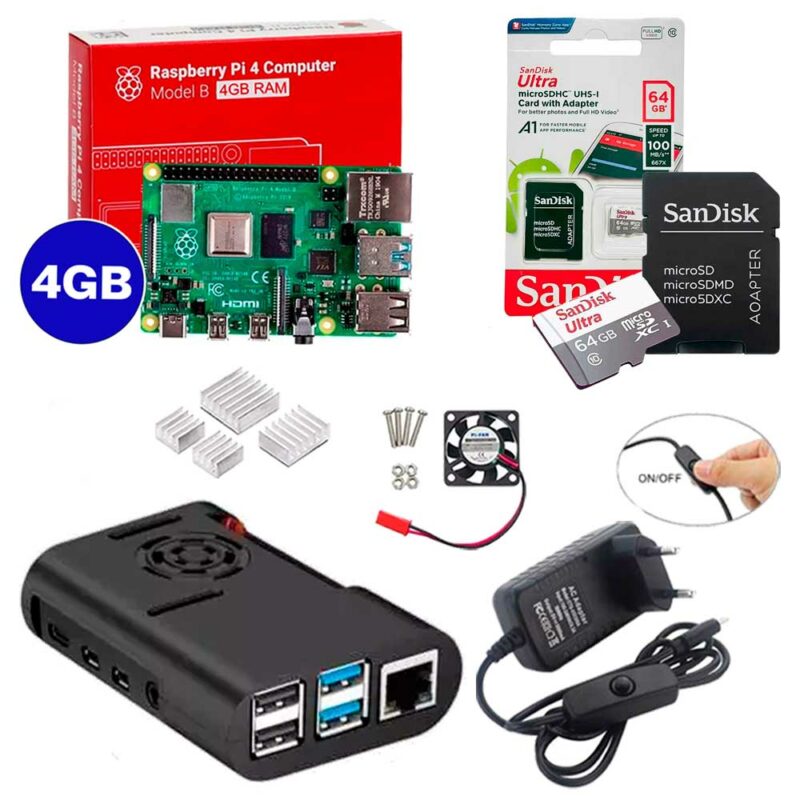 Kit Raspberry Pi 4 8GB c/ Case, Cooler, Fonte, Dissipadores + 64GB Kit Raspberry Pi 4 8GB c/ Case, Cooler, Fonte, Dissipadores + 64GB