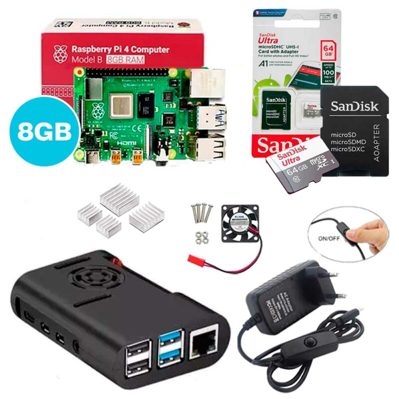 Kit Raspberry Pi 4 8GB c/ Case, Cooler, Fonte, Dissipadores + 64GB Kit Raspberry Pi 4 8GB c/ Case, Cooler, Fonte, Dissipadores + 64GB