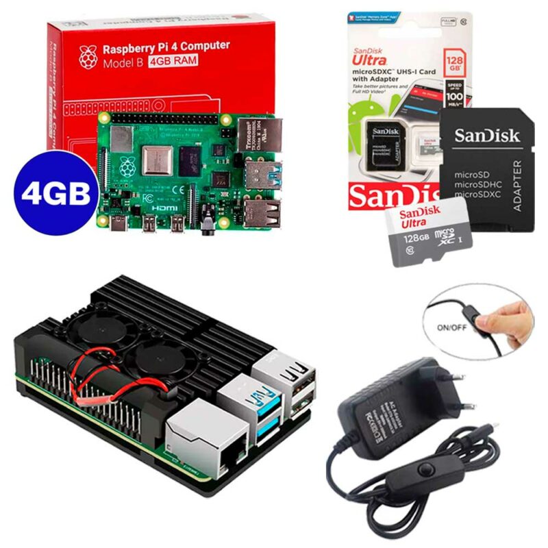 Kit Raspberry Pi 4 4GB c/ Case de Alumínio c/ Duplo Cooler Fan, Fonte + 128GB