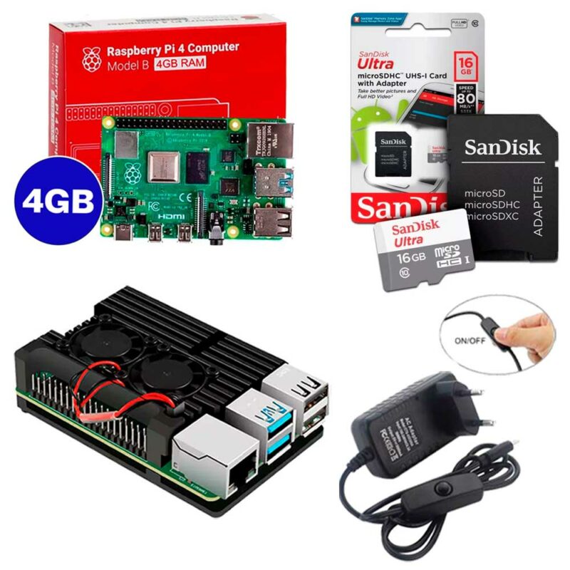 Kit Raspberry Pi 4 8GB c/ Case de Alumínio c/ Duplo Cooler Fan, Fonte + 16GB