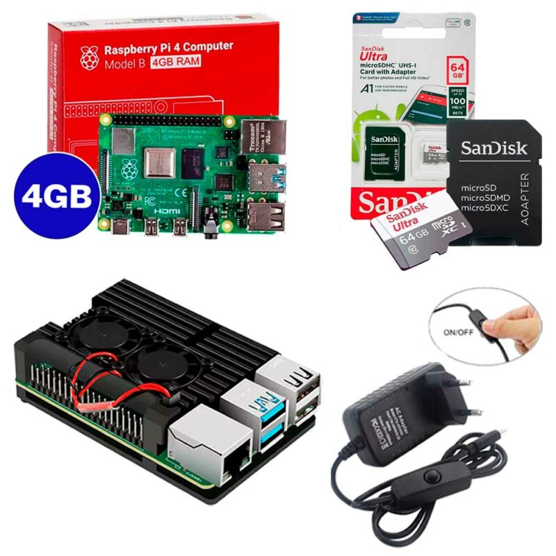 Kit Raspberry Pi 4 4GB c/ Case de Alumínio c/ Duplo Cooler Fan, Fonte + 64GB