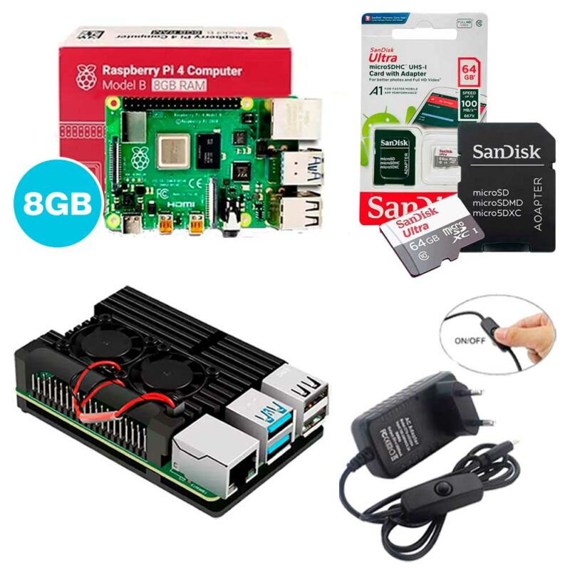 Kit Raspberry Pi 4 4GB c/ Case de Alumínio c/ Duplo Cooler Fan, Fonte + 64GB