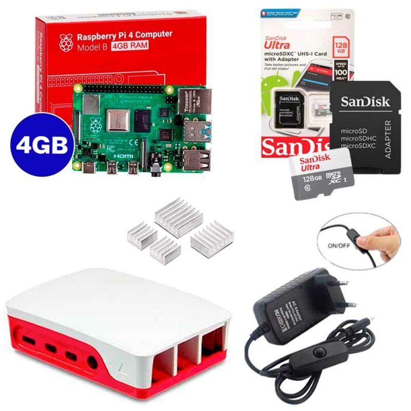Kit Raspberry Pi 4 8GB c/ Case, Fonte, Dissipadores + 128GB