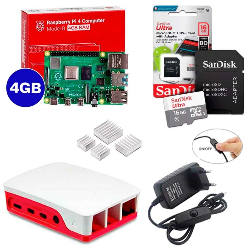 Kit Raspberry Pi 4 8GB c/ Case, Fonte, Dissipadores + 16GB