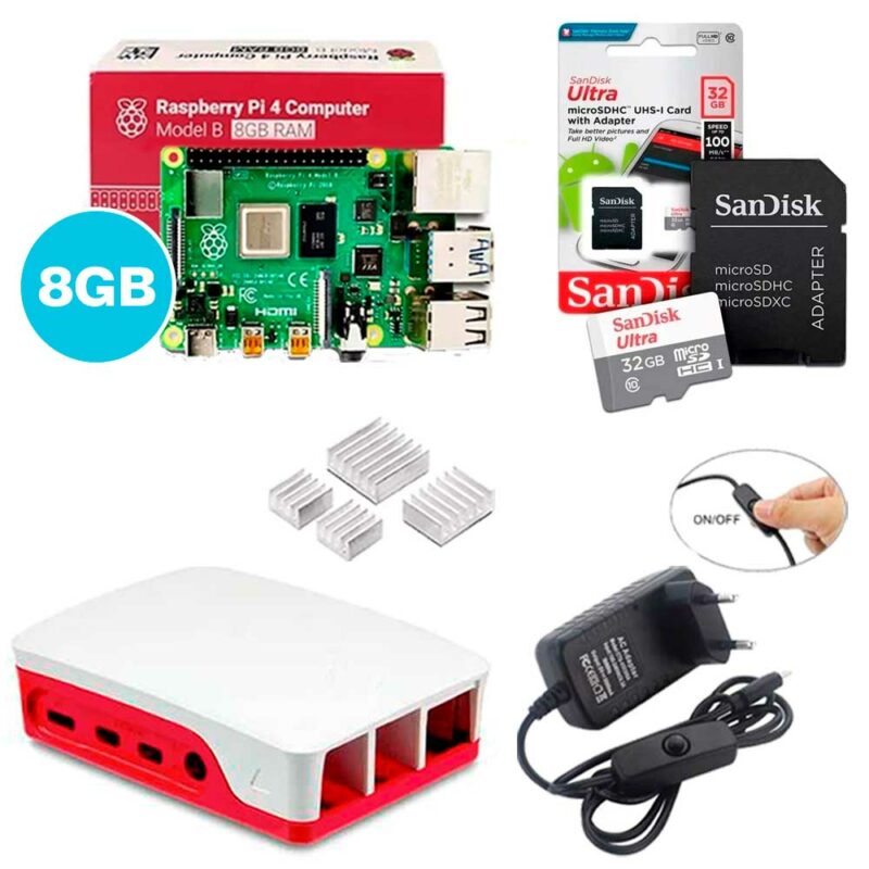 Kit Raspberry Pi 4 8GB c/ Case, Fonte, Dissipadores + 32GB