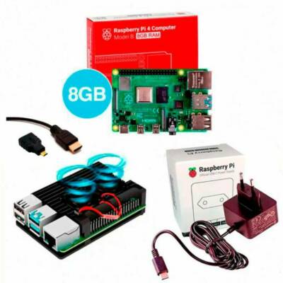 Kit Raspberry Pi 4 8GB c/ Case, Cooler, Fonte Oficial e Dissipadores