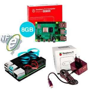 Kit Raspberry Pi 4 8GB c/ Case Alumínio c/ Duplo Cooler Fan e Fonte Oficial Kit Raspberry Pi 4 8GB c/ Case Alumínio c/ Duplo Cooler Fan e Fonte Oficial