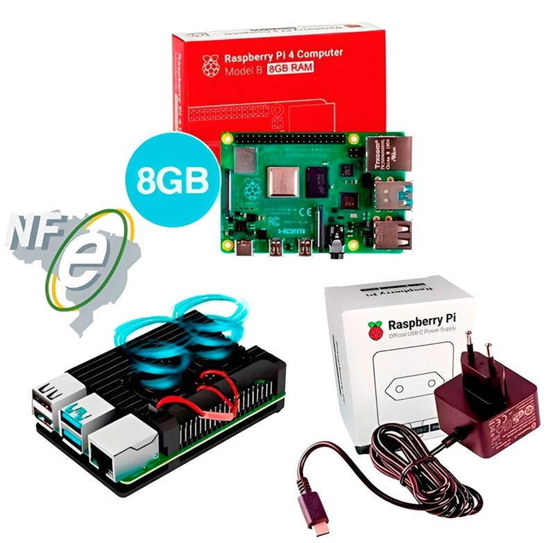 Kit Raspberry Pi 4 8GB c/ Case Alumínio c/ Duplo Cooler Fan e Fonte Oficial