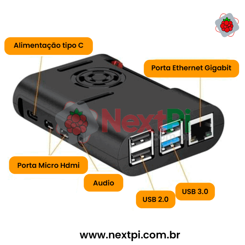 Kit Raspberry Pi 4 4GB c/ Case, Cooler, Fonte e Dissipadores