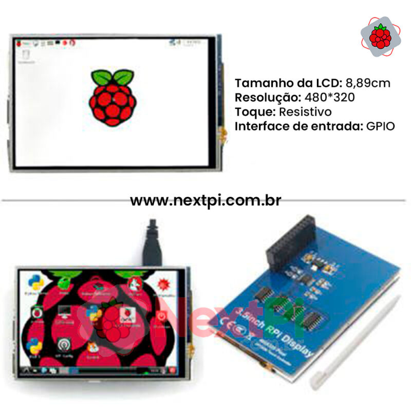 Tela Display Touch Screen 3.5 pol. p/ Raspberry Pi 3 + Case