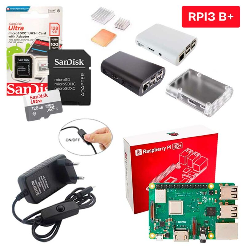 Kit Raspberry Pi 3 Model B+(Plus) c/ Case, Fonte, Dissipadores + 128GB Kit Raspberry Pi 3 Model B+(Plus) c/ Case, Fonte, Dissipadores + 128GB